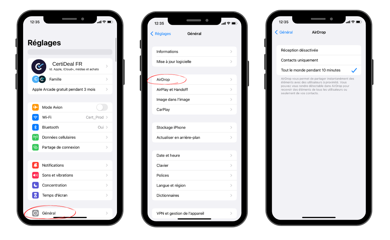vue écran réglages Airdrop iPhone